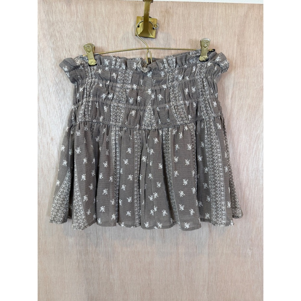 Oliviaceous Womens Skort Large Grey Tan Boho Floral Smocked Paperbag Mini Skirt